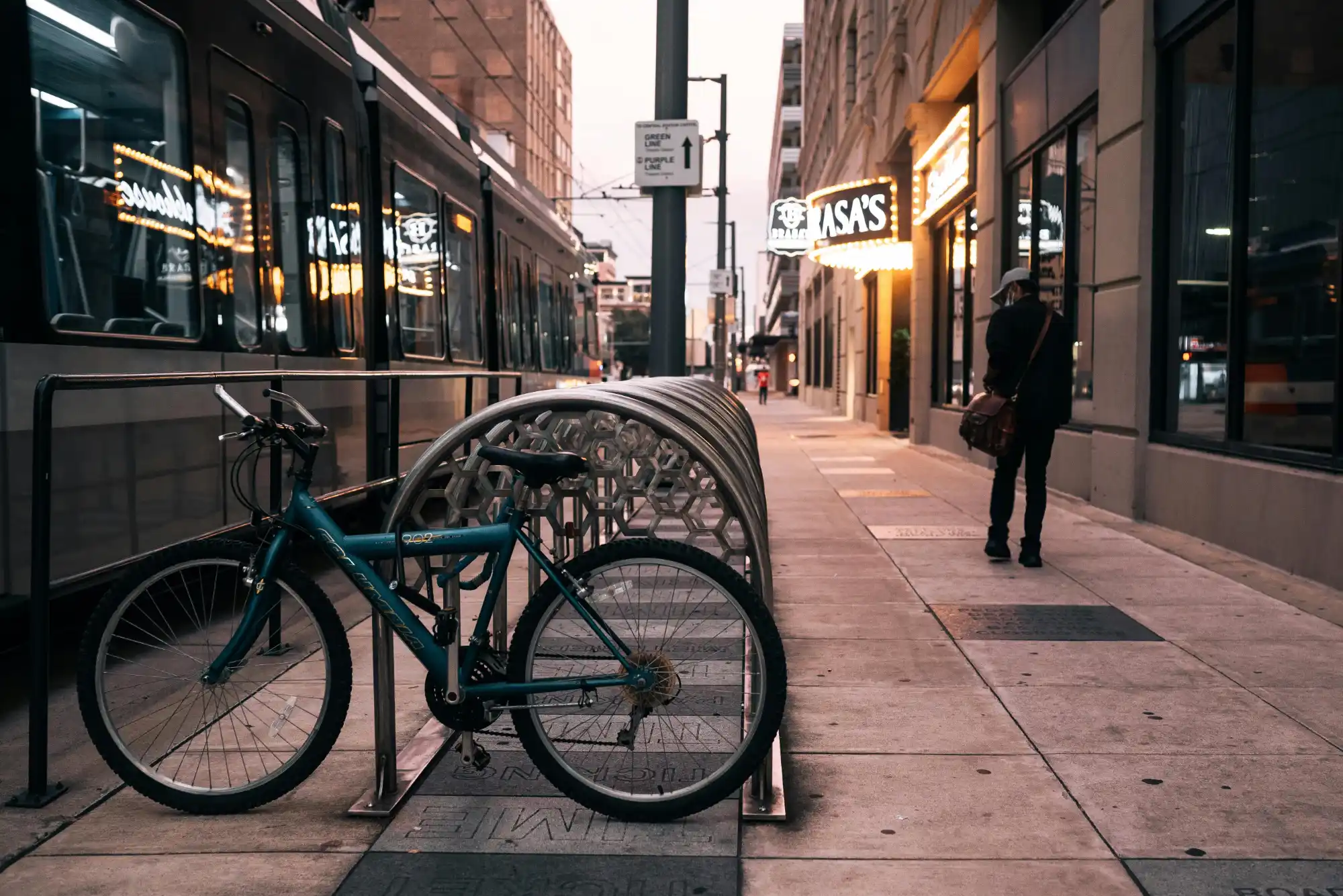 bicycle parked by a train in Houston, Texas